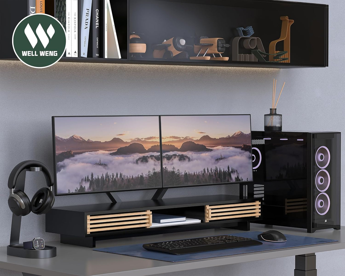 Monitor Stand Riser with Sliding Door, Computer Laptop Stand Desk Shelf Organizer with Storage (Natural Bamboo, 25 Inch)
