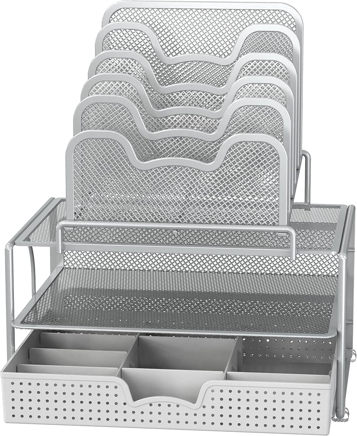 Simple Houseware Mesh Desk Organizer with Sliding Drawer, Double Tray and 5 Stacking Sorter Sections, Black