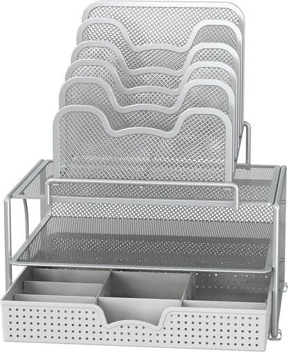 Simple Houseware Mesh Desk Organizer with Sliding Drawer, Double Tray and 5 Stacking Sorter Sections, Black