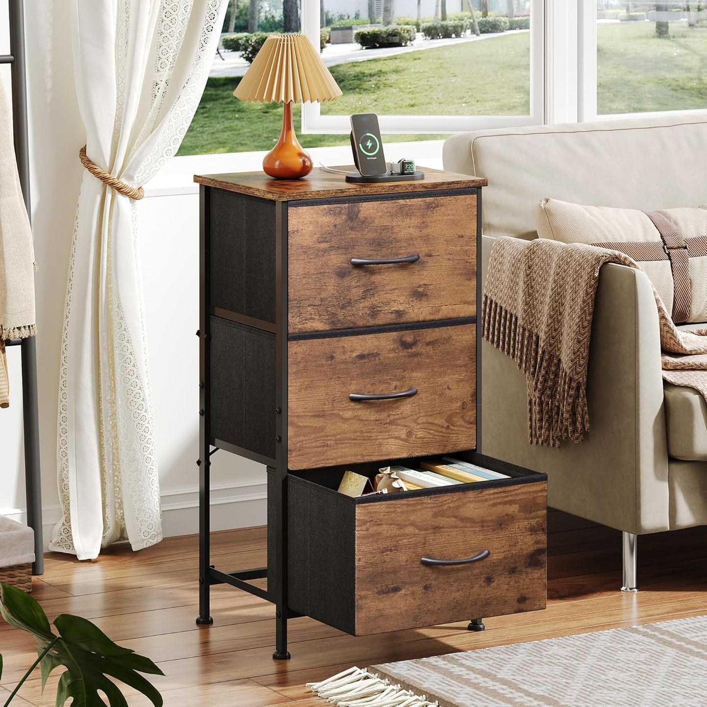 WLIVE Dresser with 3 Drawers, Fabric Nightstand, Cabinet with Wheels, Organizer Storage Dresser for Bedroom, Office, Entryway, Closets, Sturdy Steel Frame, Wood Top, Easy Pull Handle, White
