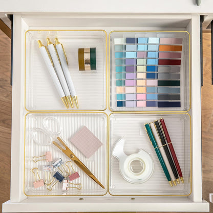 Martha Stewart Kerry Plastic Stackable Office Desk Drawer Organizers, 6" x 3", 6 Pack, with Gold Trim