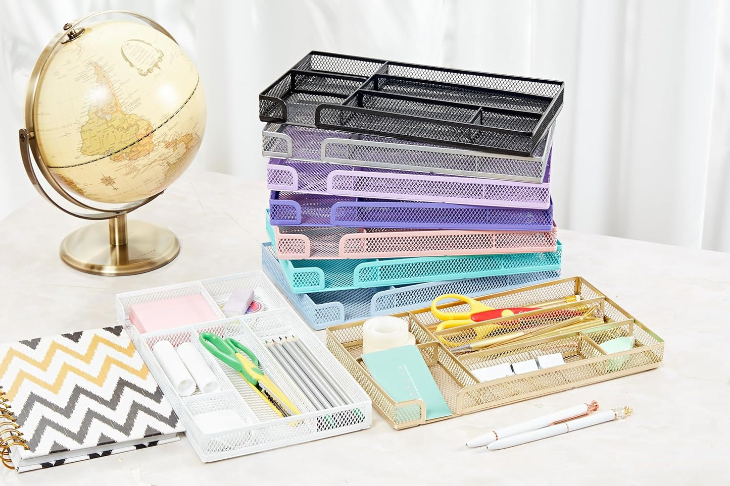 Annova Desk Drawer Organizer Tray for Office Organization - Metal Mesh - Storage Tray with Dividers for Pens, Desktop Accessories, Bathroom, Kitchen, Makeup and Office Supplies (Small, Gold)