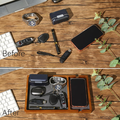 Shinpuru Wooden Valet Tray for Men, Nightstand Organizer with Leather Inlay, EDC Essentials Catchall Tray for Keys, Phone, Wallet, Watch, Earbuds - Bedside Desk Entryway Tray (Wood)