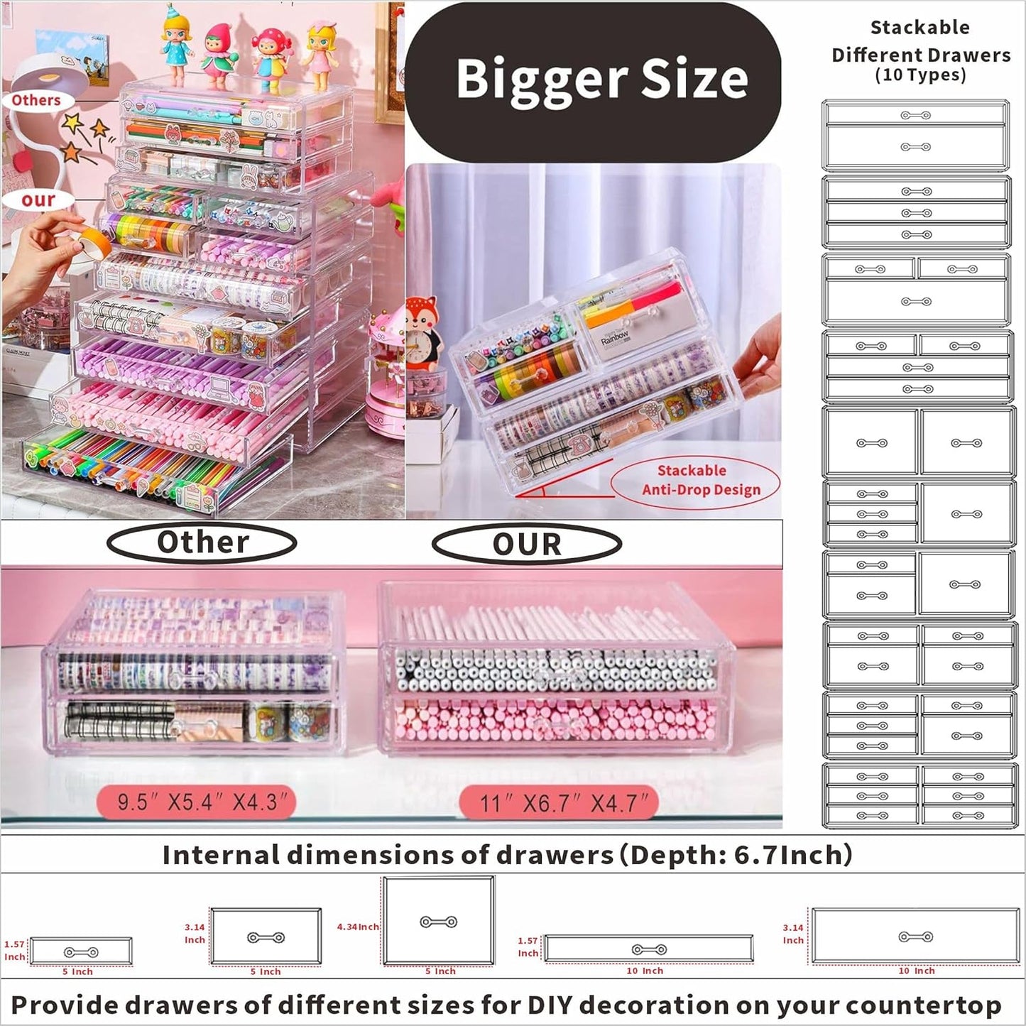 Cq acrylic 1 Pack Clear Stackable Storage Drawers for Vanity,Stackable 6 Drawers Desktop Organizer With Drawers,Cute Desk Storage for Office,Jewelry,Hair Clip,Beauty,Skincare and Make Up Organizers