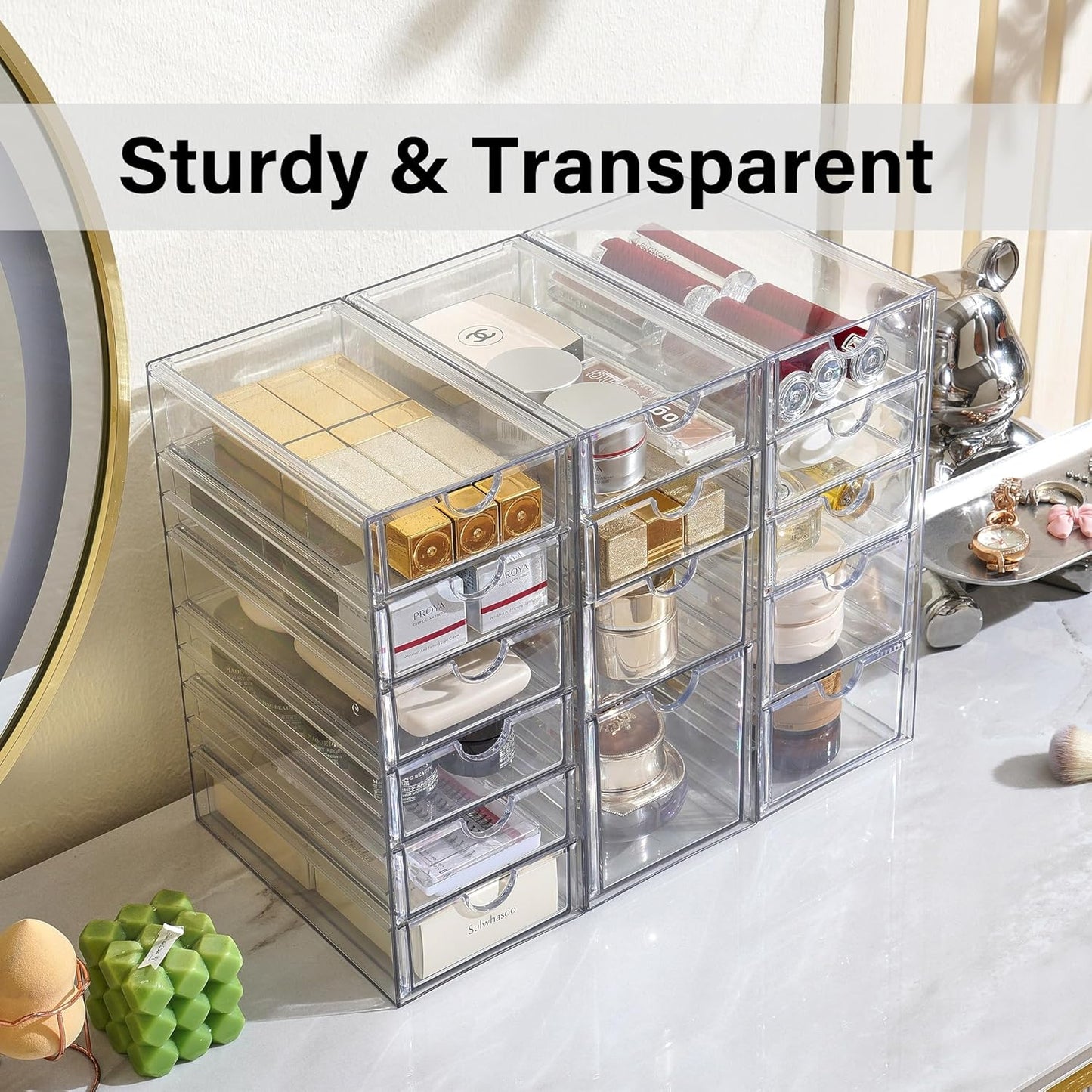 Prsildan Acrylic Makeup Organizer, 2 Pack Stackable Storage Drawers with 6 Drawers for Office Desk Vanity Craft Room Clear Drawer Organizers for Hair Accessories Art Supplies Cosmetics Modular System