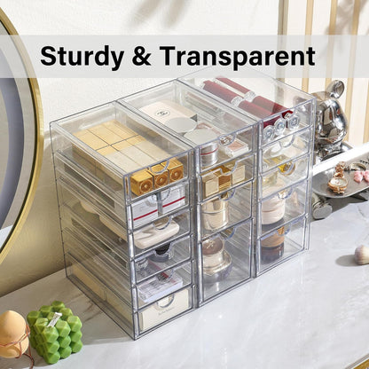 Prsildan Acrylic Makeup Organizer, 2 Pack Stackable Storage Drawers with 6 Drawers for Office Desk Vanity Craft Room Clear Drawer Organizers for Hair Accessories Art Supplies Cosmetics Modular System