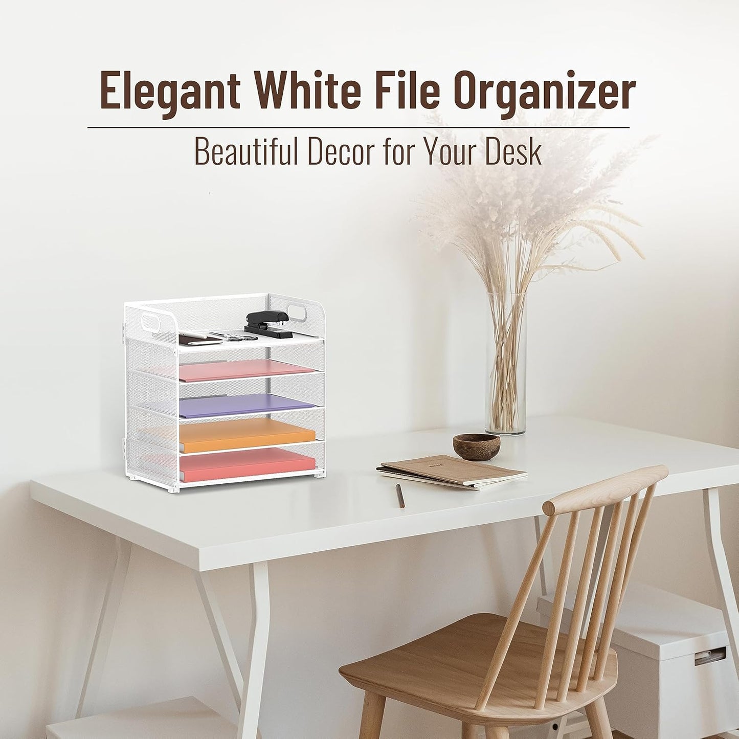 Supeasy 5 Trays Paper Organizer Letter Tray with Handle-Mesh Desk File Holders, Paper Sorter Desk Organizer for Office, Home, Classroom or School, White