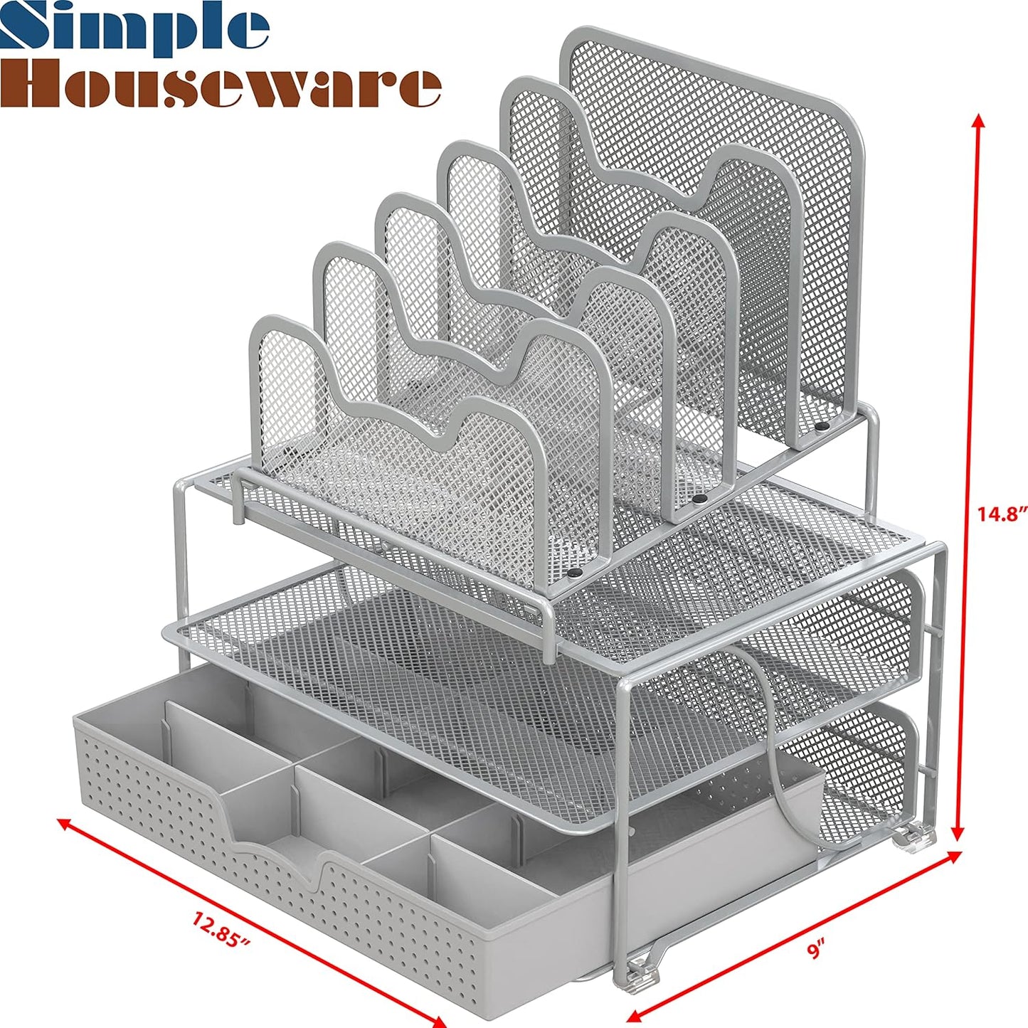 Simple Houseware Mesh Desk Organizer with Sliding Drawer, Double Tray and 5 Stacking Sorter Sections, Black