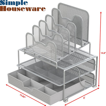 Simple Houseware Mesh Desk Organizer with Sliding Drawer, Double Tray and 5 Stacking Sorter Sections, Black