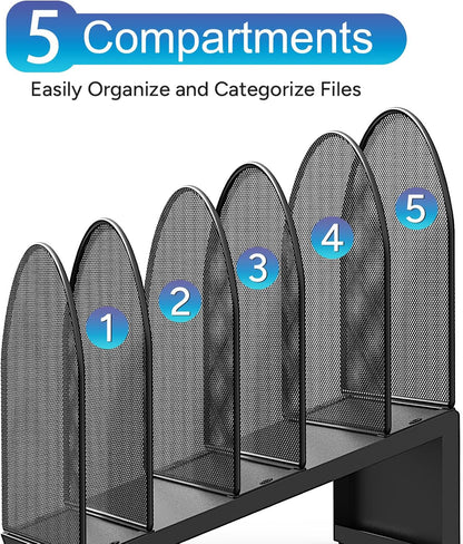 gianotter Desktop File Organizer, Desk Organizer with 5 Compartments, Paper Organizer for Desk, Workspace Organizers for Office Supplies (Black, Upright Style)