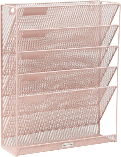 Mind Reader 5-Pocket Vertical File Storage, Desktop Organizer, Wall Mount, Office, Metal Mesh, Pink