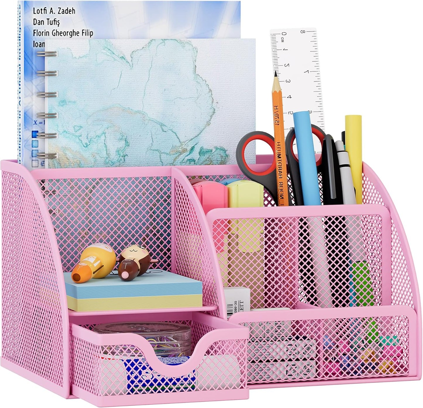 EasyPAG Mesh Desk Organizer with Drawer Multi-functional Pen Holder Stationery Organizer for Office School Supplies 6 Compartments Dorm Organizers and Storage for Desk, Black