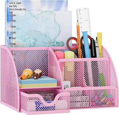 EasyPAG Mesh Desk Organizer with Drawer Multi-functional Pen Holder Stationery Organizer for Office School Supplies 6 Compartments Dorm Organizers and Storage for Desk, Black