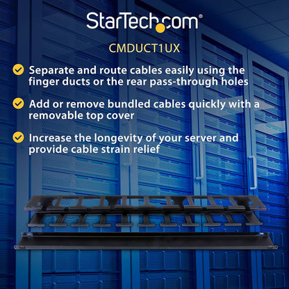 StarTech.com 3ft (1m) Vertical Cable Management Duct with Cover - 0U Open Slot Finger Duct Wire Raceway for 19 Inch Server Rack - Slotted Cord Channel (CMVER20UF)