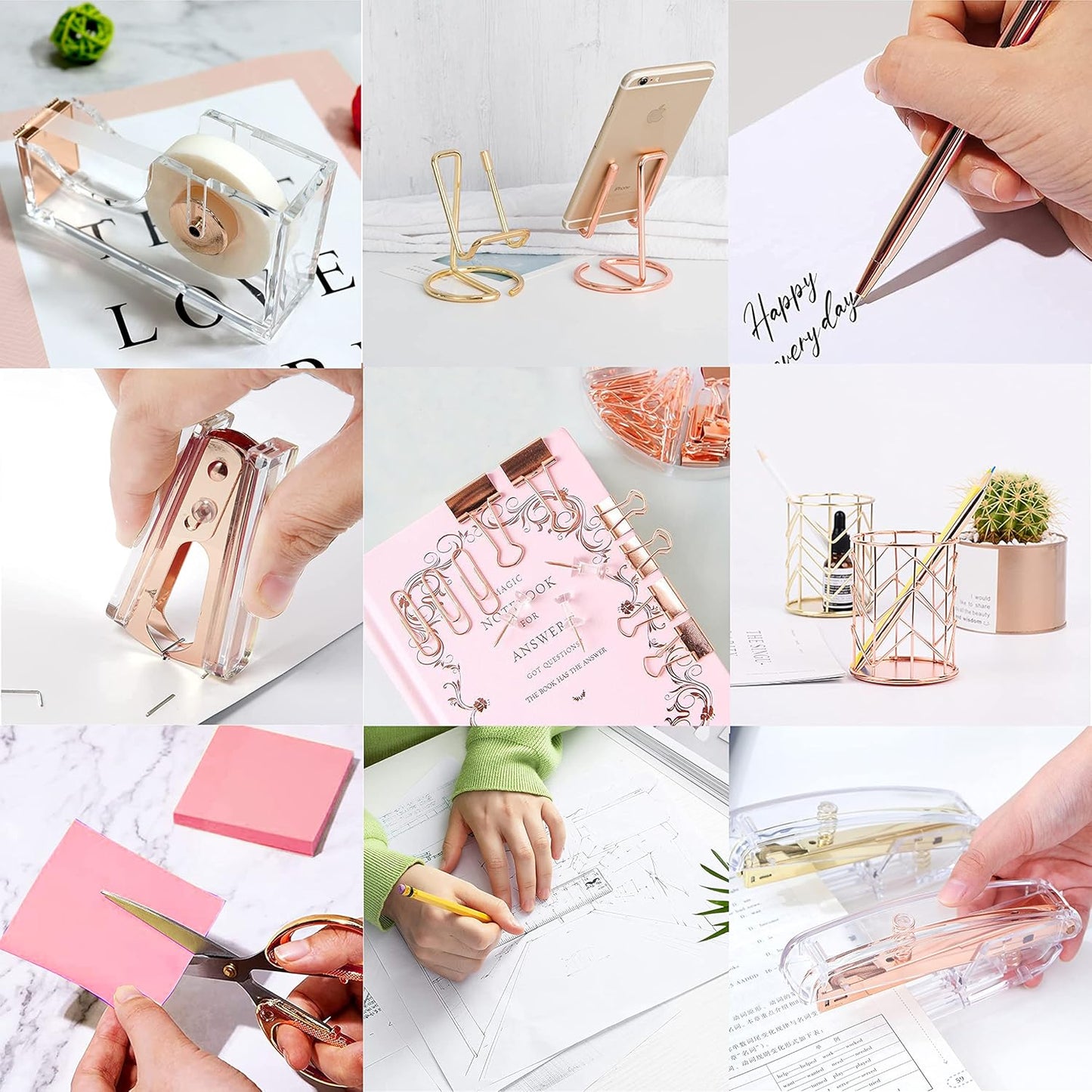 Office Desk Accessories, Acrylic Stapler, Staple Remover, Tape Holder, Pen Holder, Ballpoint Pen, Scissor, Binder Clips, 1000pcs Staples, Phone Holder, Ruler, Transparent Glue and 300 Notes