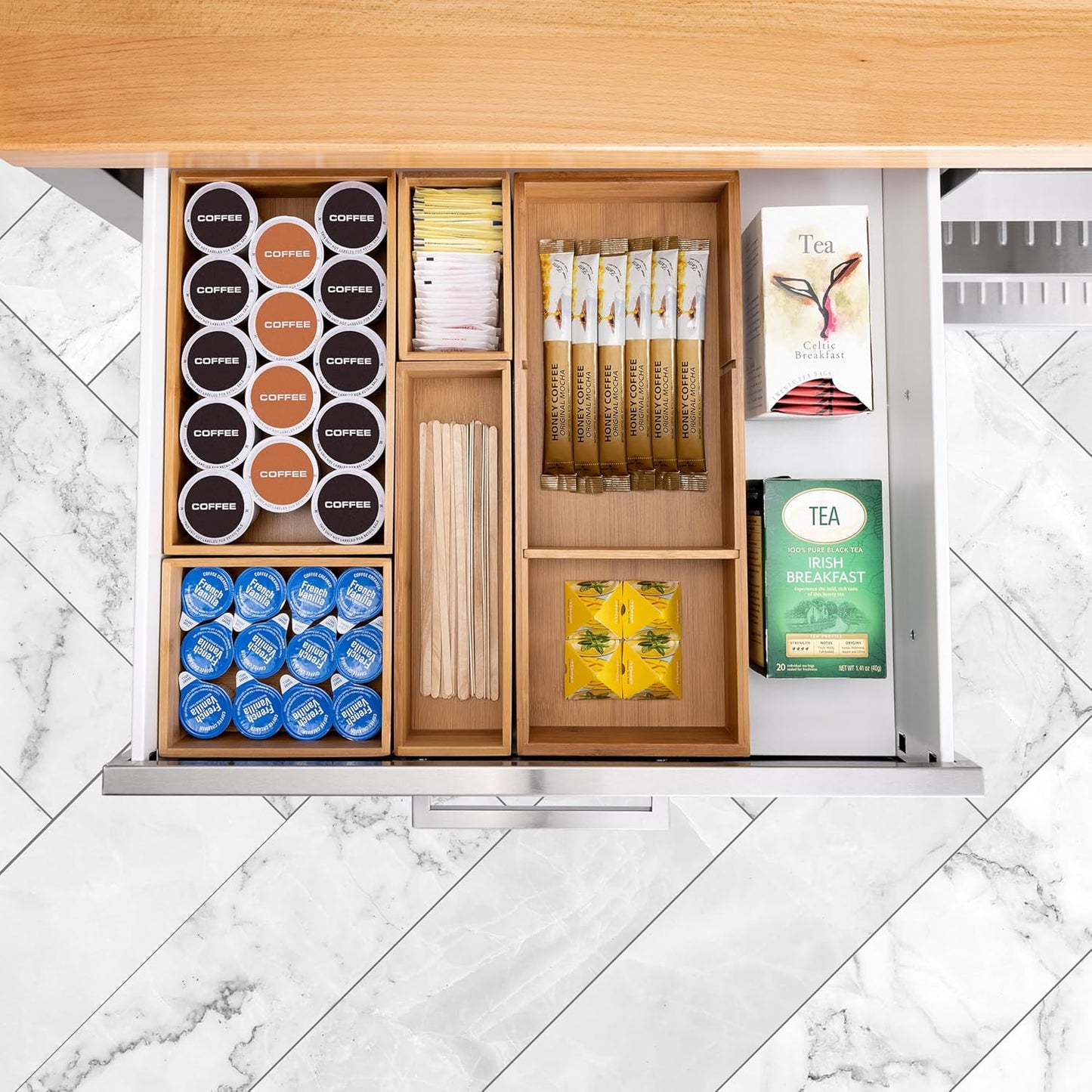 Seville Classics Bamboo Premium Organizer Storage Bins for Kitchen Silverware, Pantry, Closet, Office Desk, Pens, Utensils, Makeup, K Cup, Bamboo, Bag Holder Bin Set (4 Piece)