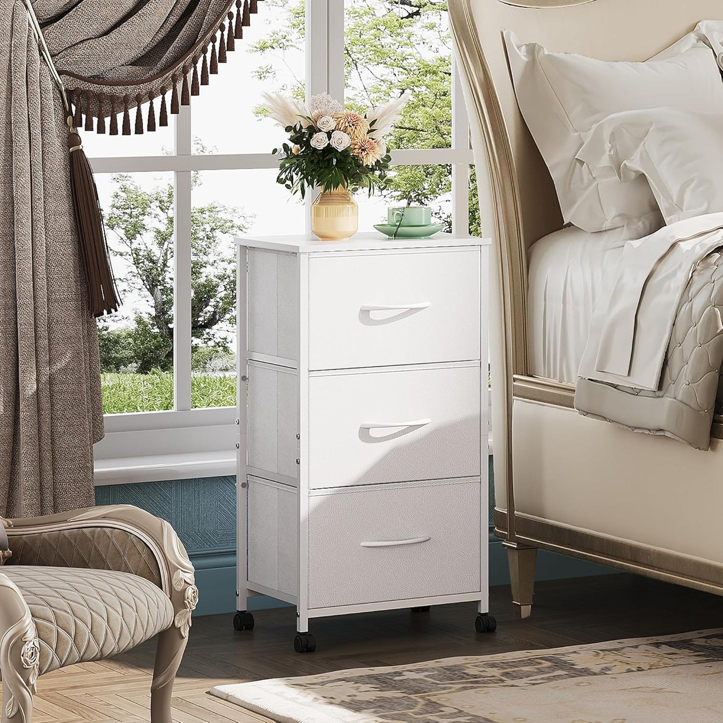 WLIVE Dresser with 3 Drawers, Fabric Nightstand, Cabinet with Wheels, Organizer Storage Dresser for Bedroom, Office, Entryway, Closets, Sturdy Steel Frame, Wood Top, Easy Pull Handle, White