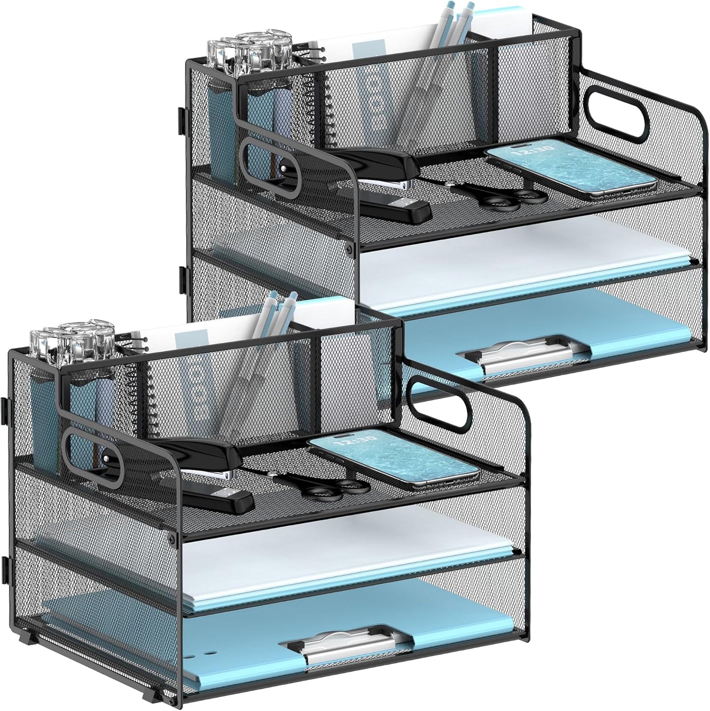 3 Tier Desk File Organizer with Pen Holder, Mesh Paper Tray File Organizer for Desk, Fold Holder with Handle for Office, Classroom, Home, Workspace(Black)