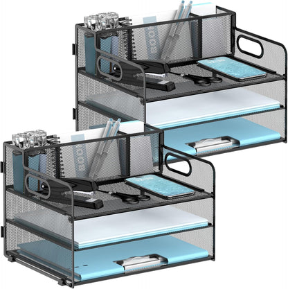 3 Tier Desk File Organizer with Pen Holder, Mesh Paper Tray File Organizer for Desk, Fold Holder with Handle for Office, Classroom, Home, Workspace(Black)