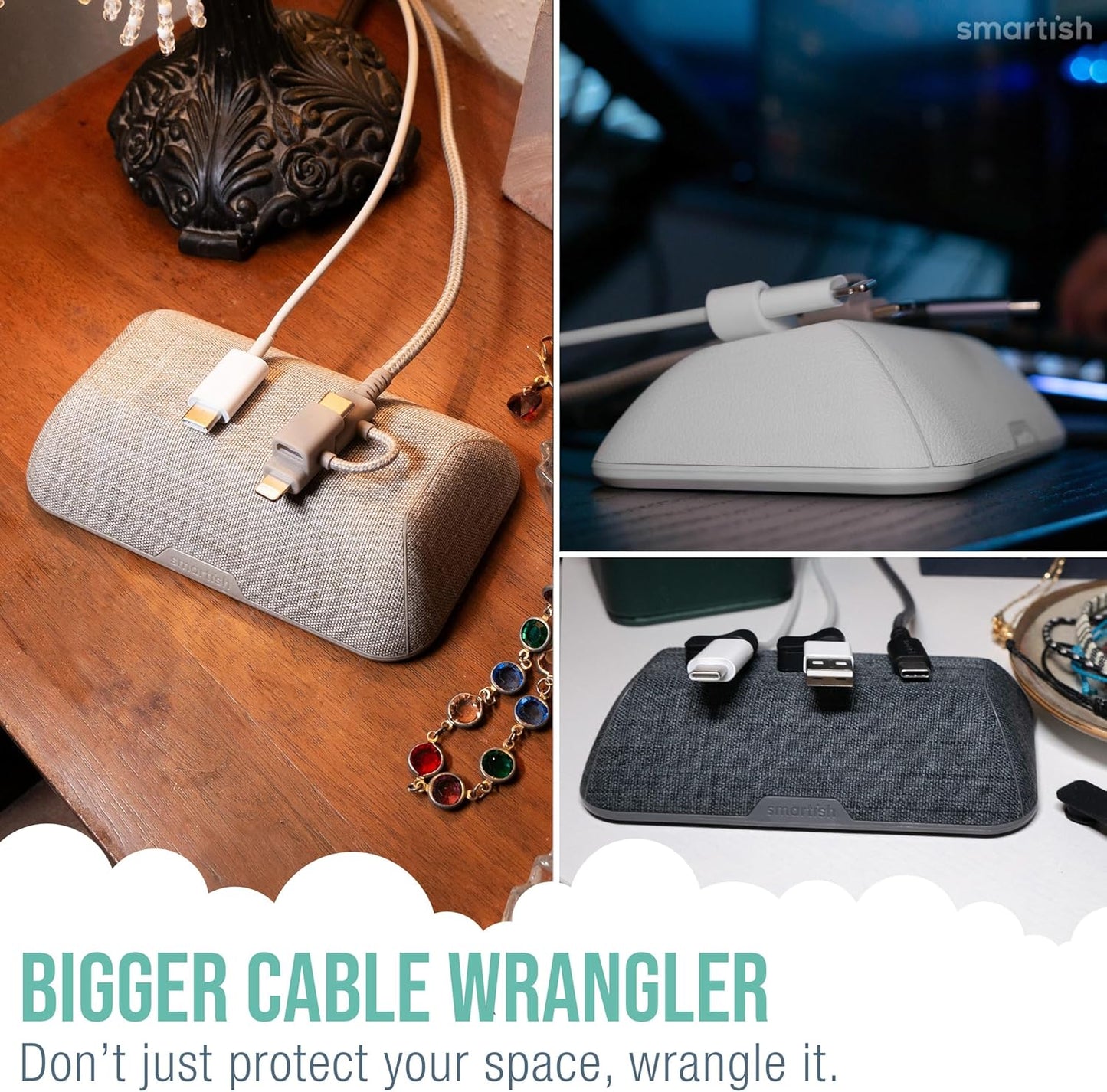 Smartish® Magnetic Cord Holder - Cable Wrangler Organizer with Magnet Clips for Charger Management on Desktop, Nightstand for USB-C + Lightning - Lightly Toasted Beige