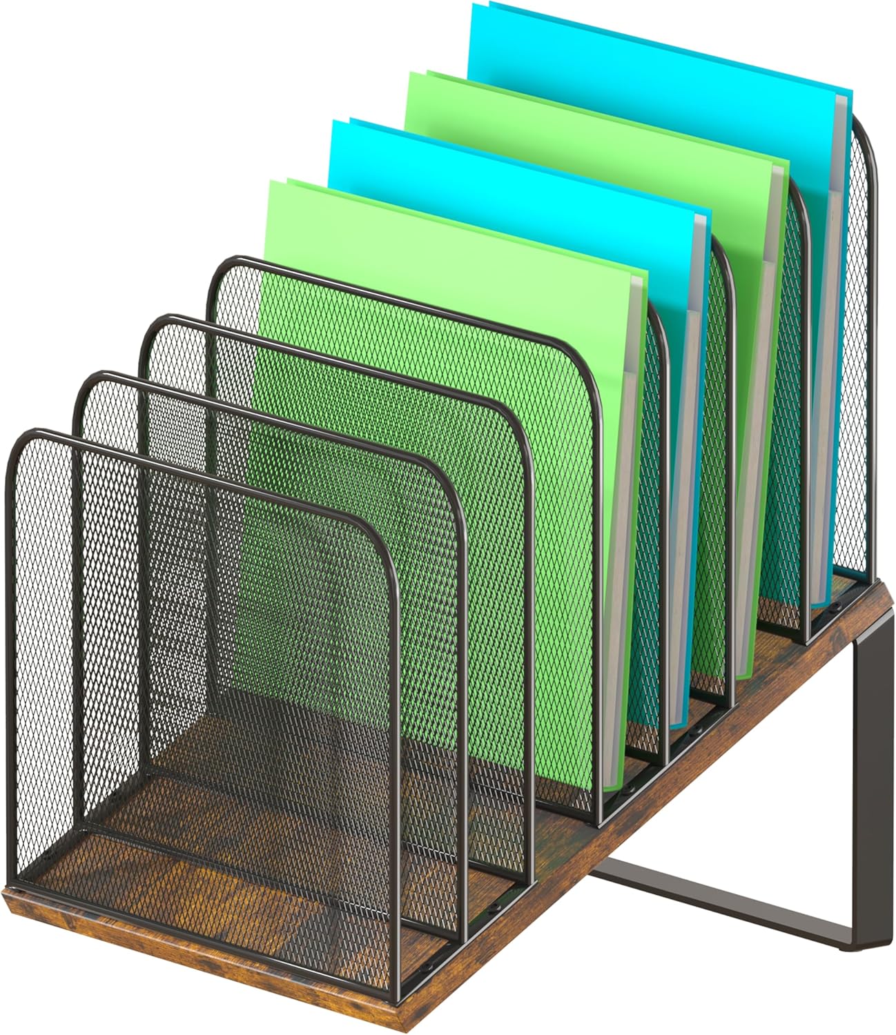Piskyet Wooden Desk File Organizer, 5-Section Vertical File Folder Holder Stand,Metal Mail Paper Chromebook Organizer for Teacher Desk Office Classroom Desktop Organization（Inclined）