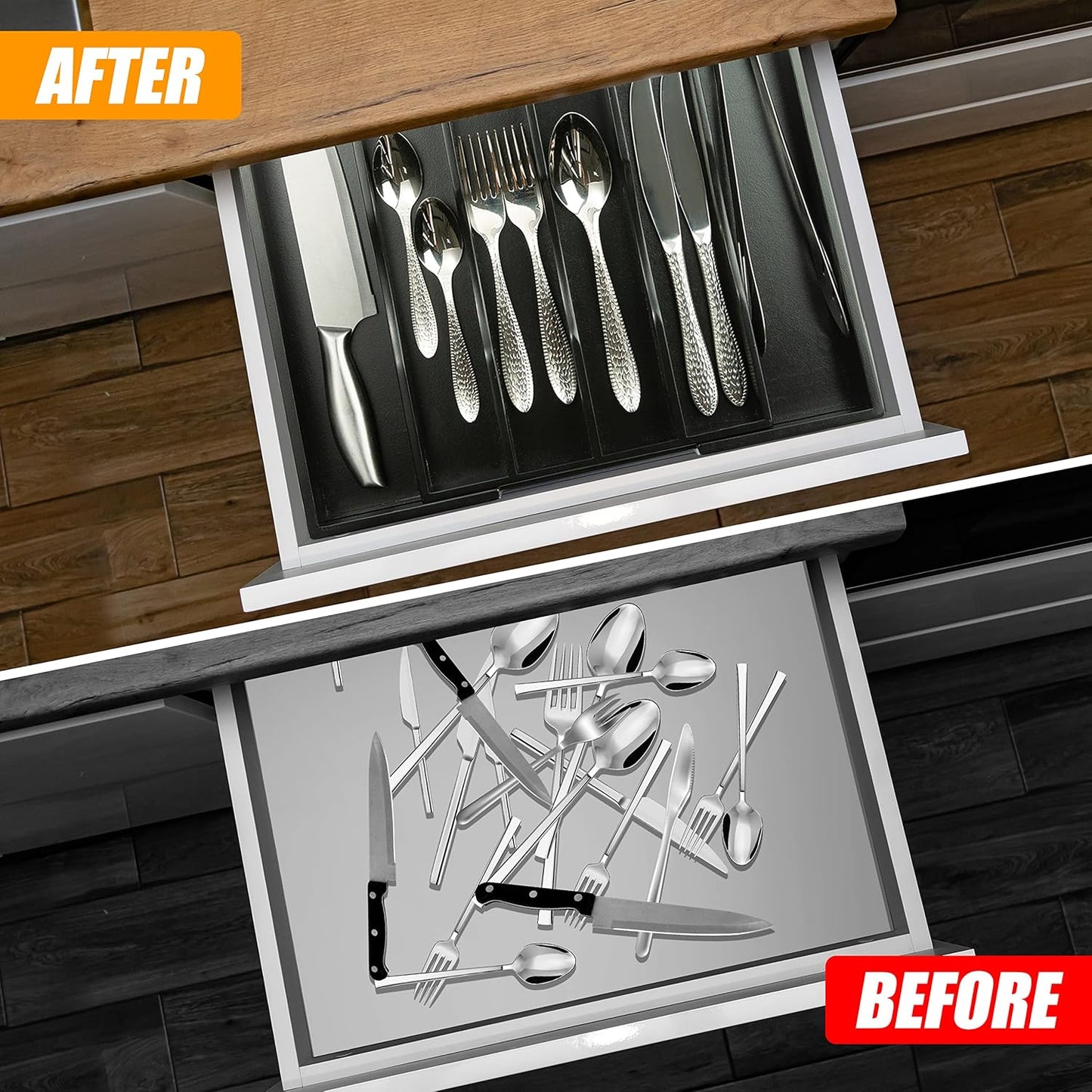 Kitchen Silverware Drawer Organizer and Storage Flatware Cutlery Utensil Holder Spice Rack Containers Bathroom Counter Cabinet Office Desk Makeup Drawer Tray Kitchen and Dining Tools Decor Accessories