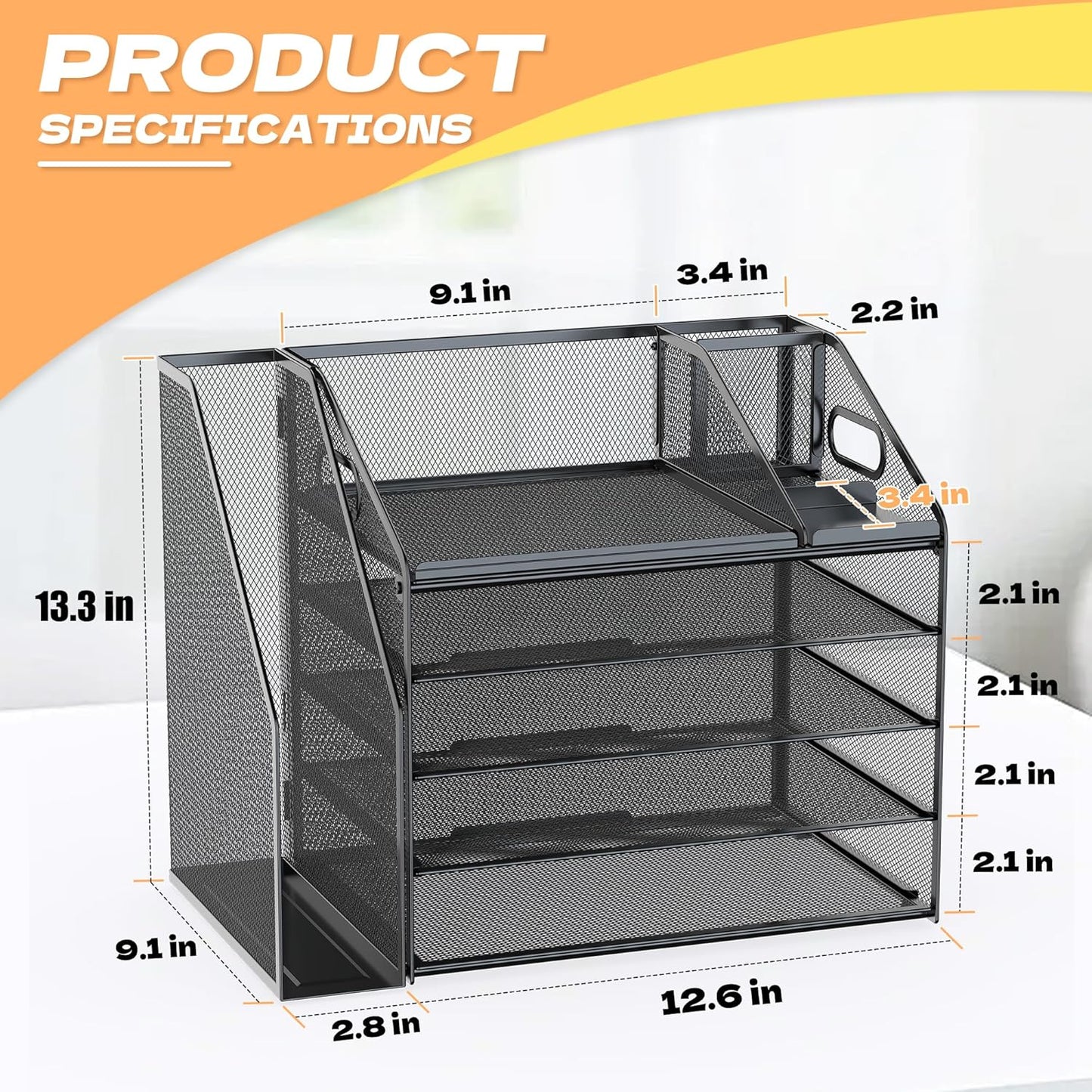 DocNest 4 Tier Metal Mesh Letter Tray - Space Saving Desk File Organizer with Handle, Pen Holder & Folder Holder - Desktop Document Sorter for Office, Home, School, Classroom - Black
