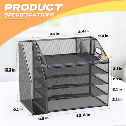 DocNest 4 Tier Metal Mesh Letter Tray - Space Saving Desk File Organizer with Handle, Pen Holder & Folder Holder - Desktop Document Sorter for Office, Home, School, Classroom - Black