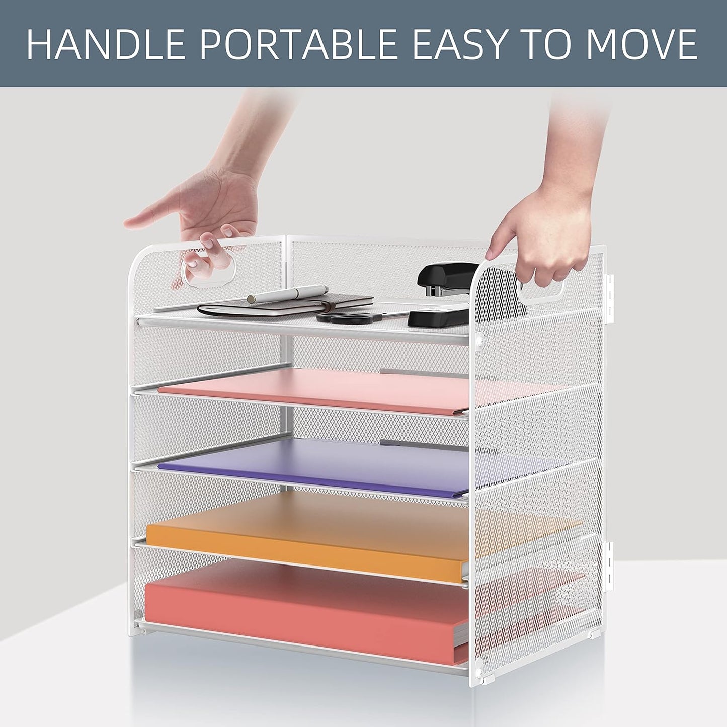 Supeasy 5 Trays Paper Organizer Letter Tray with Handle-Mesh Desk File Holders, Paper Sorter Desk Organizer for Office, Home, Classroom or School, White