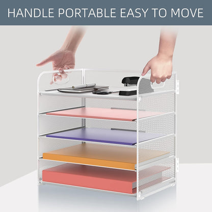 Supeasy 5 Trays Paper Organizer Letter Tray with Handle-Mesh Desk File Holders, Paper Sorter Desk Organizer for Office, Home, Classroom or School, White
