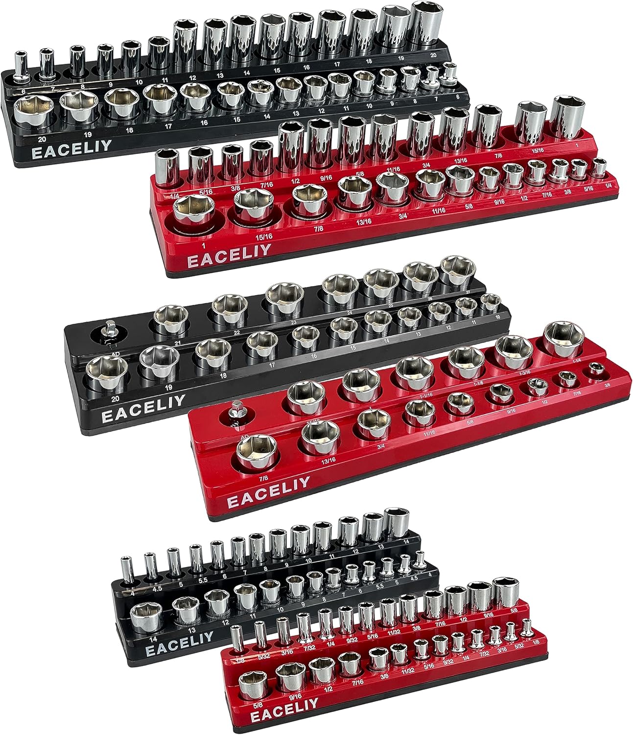 EACELIY 6-Piece Magnetic Socket Organizer Set, 1/2", 1/4" and 3/8" SAE & Metric Deep & Shallow Socket Holder Kit, holds 141 stanard Sockets, attaches to steel box/tool cart (sockets not included)