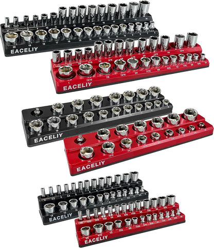 EACELIY 6-Piece Magnetic Socket Organizer Set, 1/2", 1/4" and 3/8" SAE & Metric Deep & Shallow Socket Holder Kit, holds 141 stanard Sockets, attaches to steel box/tool cart (sockets not included)