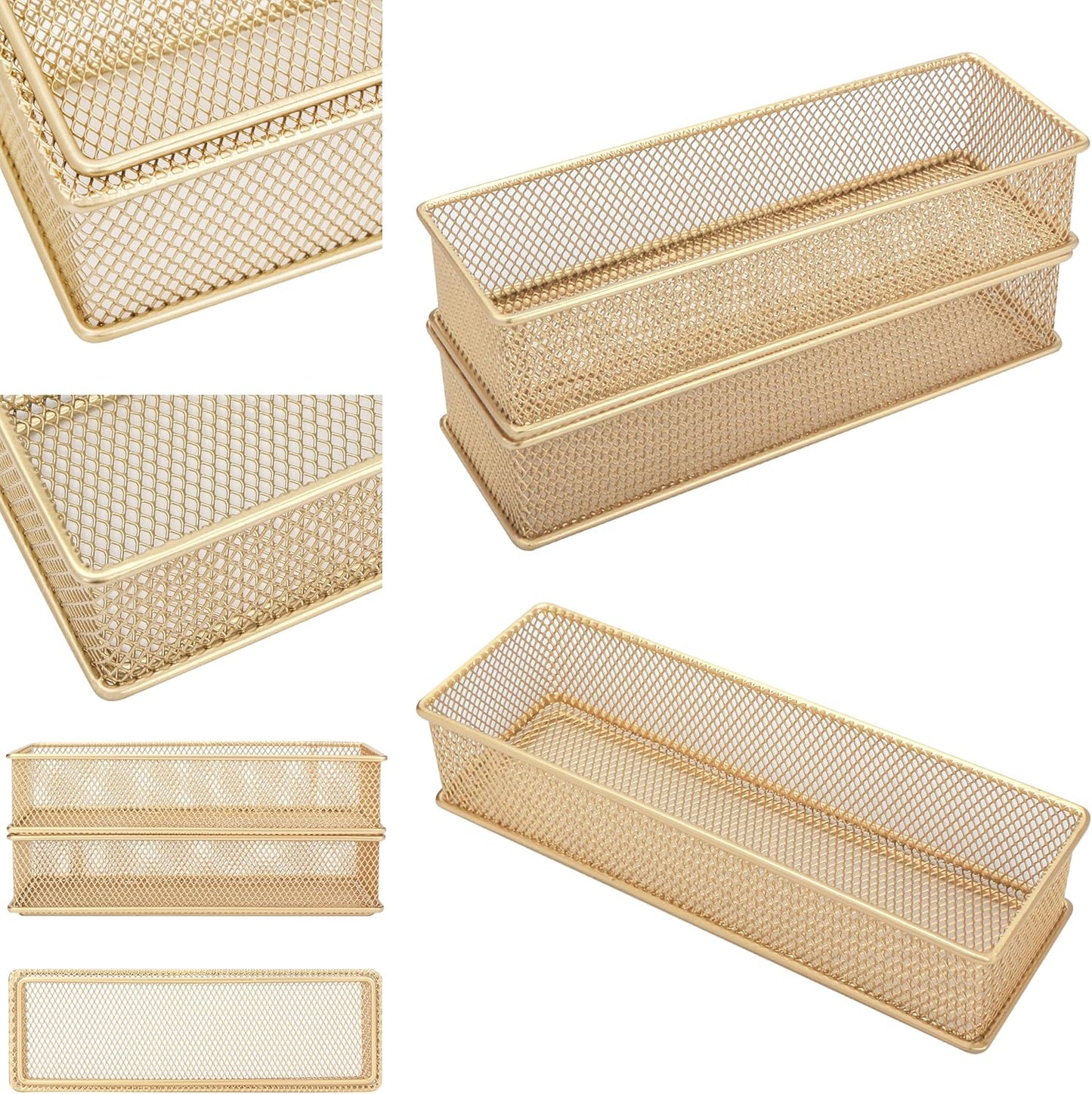 Annova Stackable Mesh Drawer Cabinet and Shelf Organizer Bins Storage Basket School Office Supply Holder Tray- Set of 2 (Gold, 3x3x2 Inch)