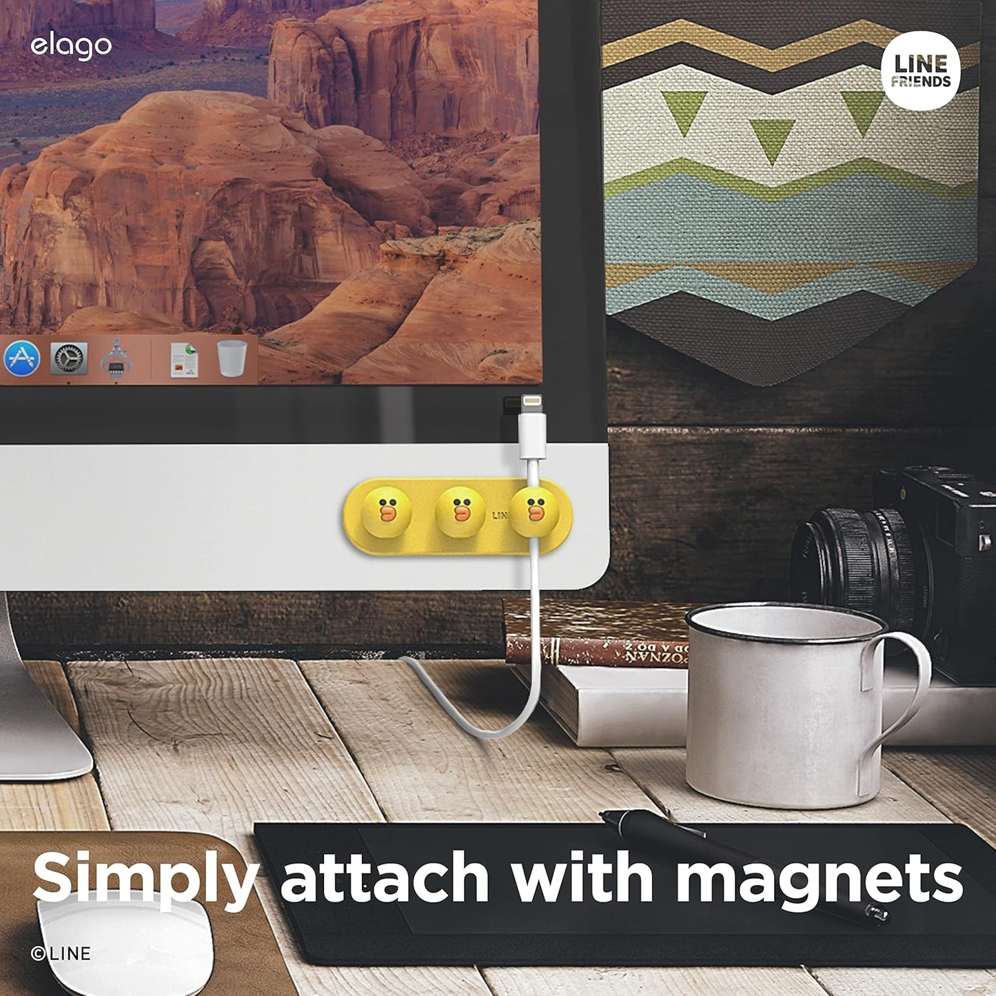elago | LINE Friends Magnetic Cable Management Buttons, Organize 3 Cables, Powerful Magnets, Reusable Sticker Attaches to Surface, Desk Organization (Brown)