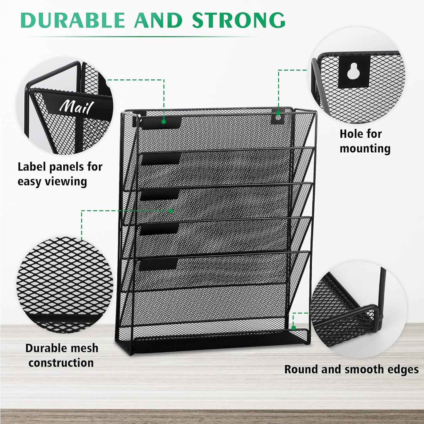 EASEPRES Desk File Organizer Mesh 6-Tier, Hanging Wall Mount Document Organization Stand, Desktop Vertical Mail Paper Folder Holder Rack with Bottom Tray for Office Home Cubicle Countertop, Black