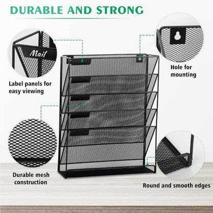 EASEPRES Desk File Organizer Mesh 6-Tier, Hanging Wall Mount Document Organization Stand, Desktop Vertical Mail Paper Folder Holder Rack with Bottom Tray for Office Home Cubicle Countertop, Black