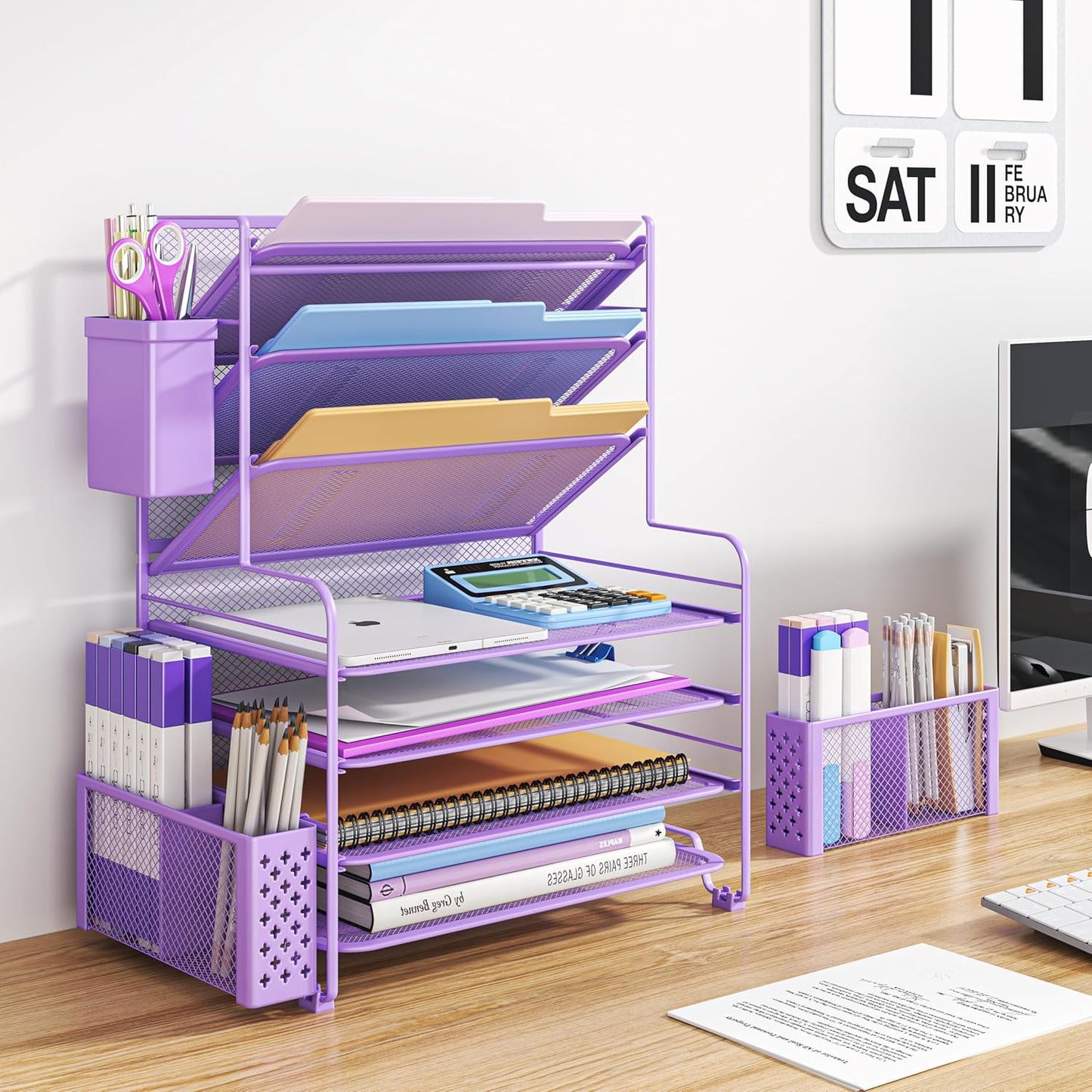 Simple Trending 7 Tier Desk File Organizer, Letter Tray Paper Organizer with Pen Holder and Metal Hanging Basket, Black