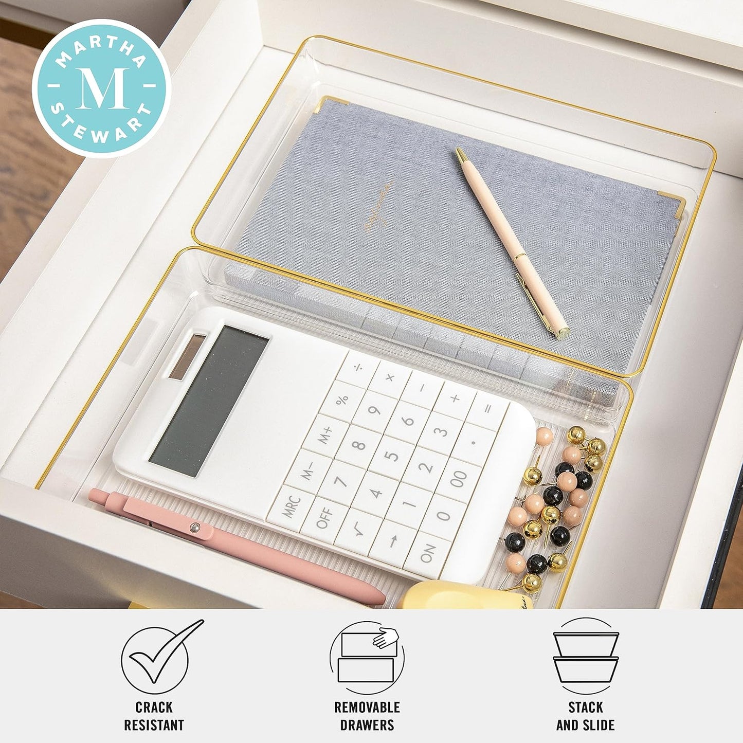 Martha Stewart Kerry Plastic Stackable Office Desk Drawer Organizers, 6" x 3", 6 Pack, with Gold Trim