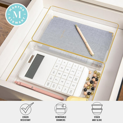 Martha Stewart Kerry Plastic Stackable Office Desk Drawer Organizers, 6" x 3", 6 Pack, with Gold Trim