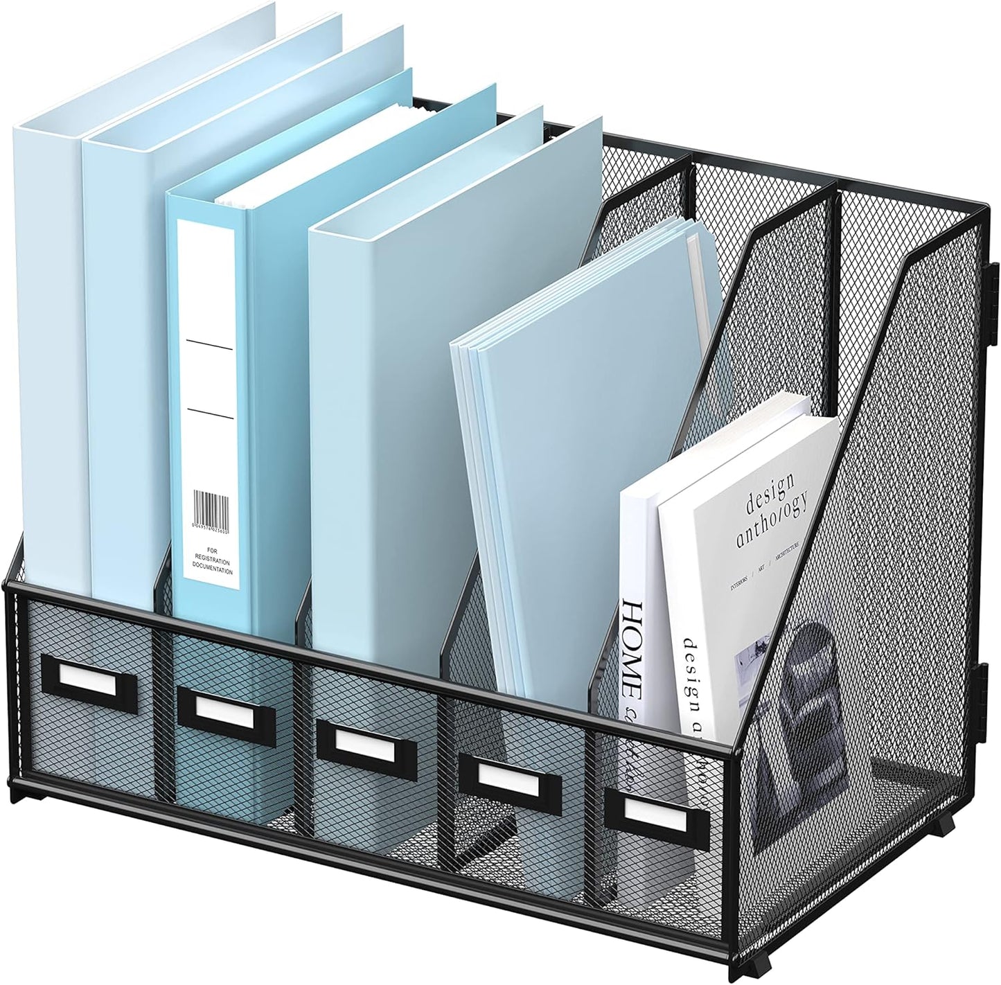 SUPEASY Desk Organizers Metal Desk Magazine File Holder with 5 Vertical Compartments Rack File Organizer for Office Desktop, Classroom, Home Workspace, Black