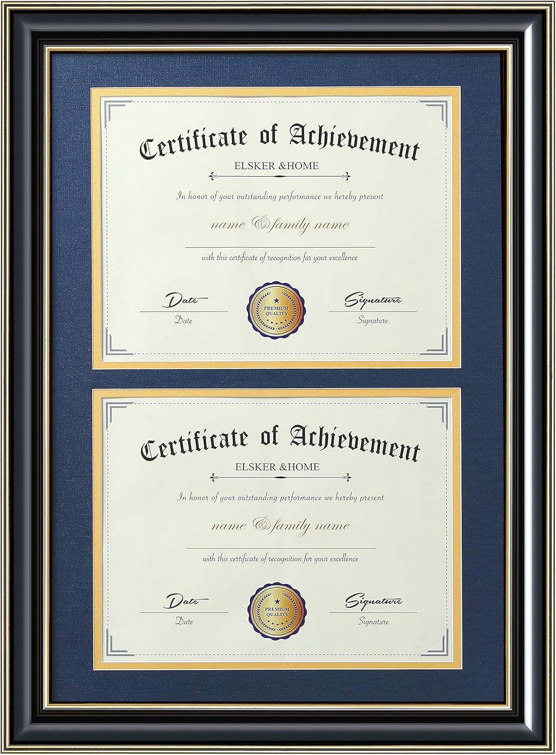ELSKER&HOME Diploma Frame - Wide Solid Wood Frame - Black Velvet Golden Rim Mat - Semi-Tempered Glass - Includes Hanging Hardware and Desktop Easel(ONLY Display 11×14 Document/Certificate)