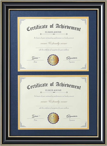ELSKER&HOME Diploma Frame - Wide Solid Wood Frame - Black Velvet Golden Rim Mat - Semi-Tempered Glass - Includes Hanging Hardware and Desktop Easel(ONLY Display 11×14 Document/Certificate)
