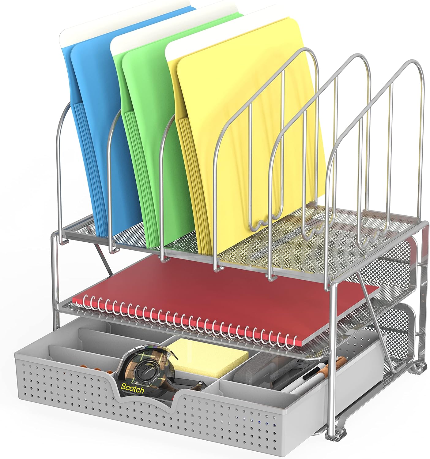 Deco Brothers Mesh Desk Organizer with Double Tray, 5 Upright Sections and Sliding Drawer, Black