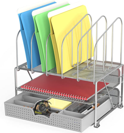 Deco Brothers Mesh Desk Organizer with Double Tray, 5 Upright Sections and Sliding Drawer, Black
