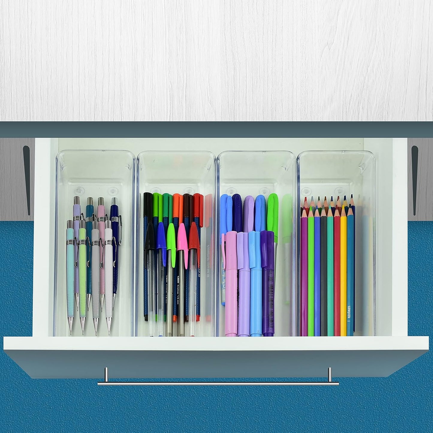 Acrimet Drawer Organizer Modular, Box Tray Storage Bins for Office, Home, Makeup, Kitchen, Junk Drawer ( 4 Pieces) (Clear Crystal Plastic)