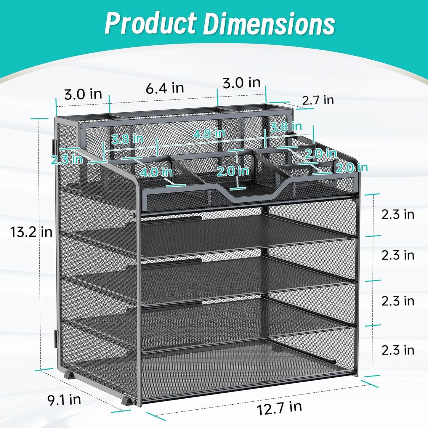 5 Tier Mesh Desk Organizer,Multi Functional Letter Paper Tray with 3 Pen Holders and 5 Adjustable Storage Compartments for Office Supplies Files and Mail Space Saving Desktop Organizer-Black
