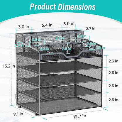 5 Tier Mesh Desk Organizer,Multi Functional Letter Paper Tray with 3 Pen Holders and 5 Adjustable Storage Compartments for Office Supplies Files and Mail Space Saving Desktop Organizer-Black
