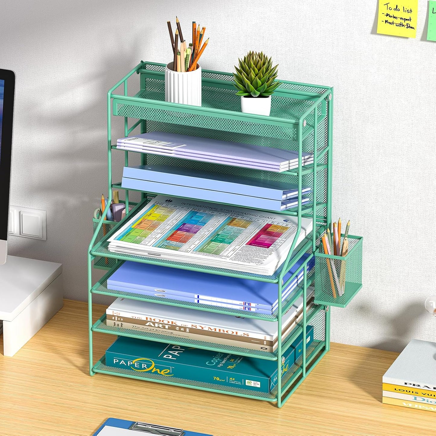 7 Tier Desk File Organizer – Vertical File Organizer for Desk with Removable Pen Holder & Adjustable Pull-out Drawer – Metal Document Organizer for Office, Simple Trending Design – Black