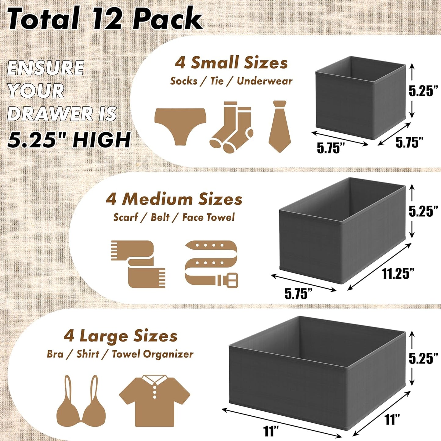 SIMPLE HOUSEWARE Foldable Drawer Organizer for Clothes/Underwear/Panty/Onesie Stocking Bin, Set of 12, Black