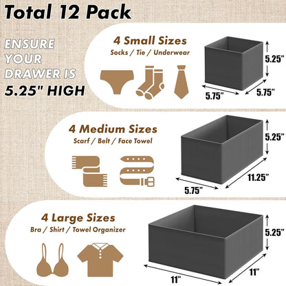 SIMPLE HOUSEWARE Foldable Drawer Organizer for Clothes/Underwear/Panty/Onesie Stocking Bin, Set of 12, Black